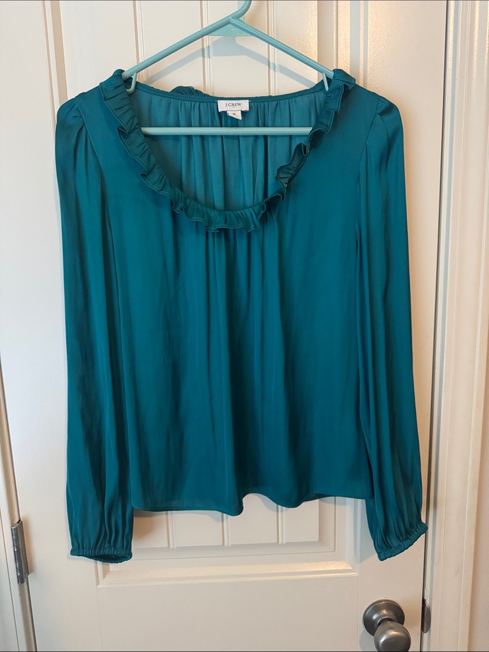J. Crew Teal Ruffle-Neck Long-Sleeve Blouse